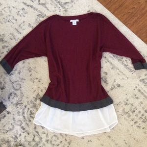 Liz Claiborne Long maroon grey sweater blouse